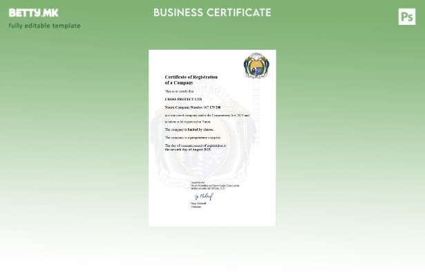 Модерен стил Науру сертификат за регистрација на компанија Шаблон за Word и PDF